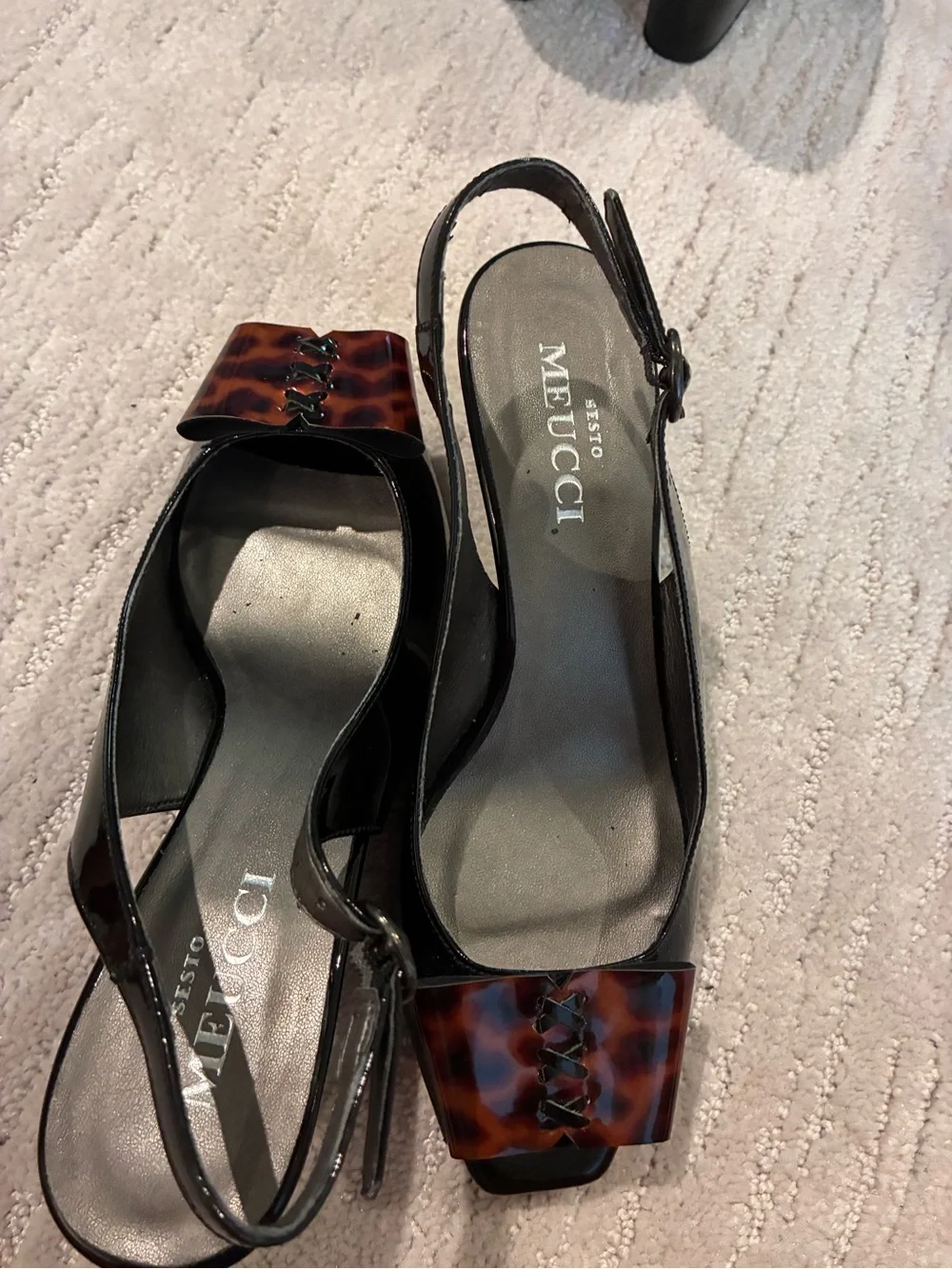 Sesto Meucci Black Patent Slingback Wedges with Tortoiseshell Wedge